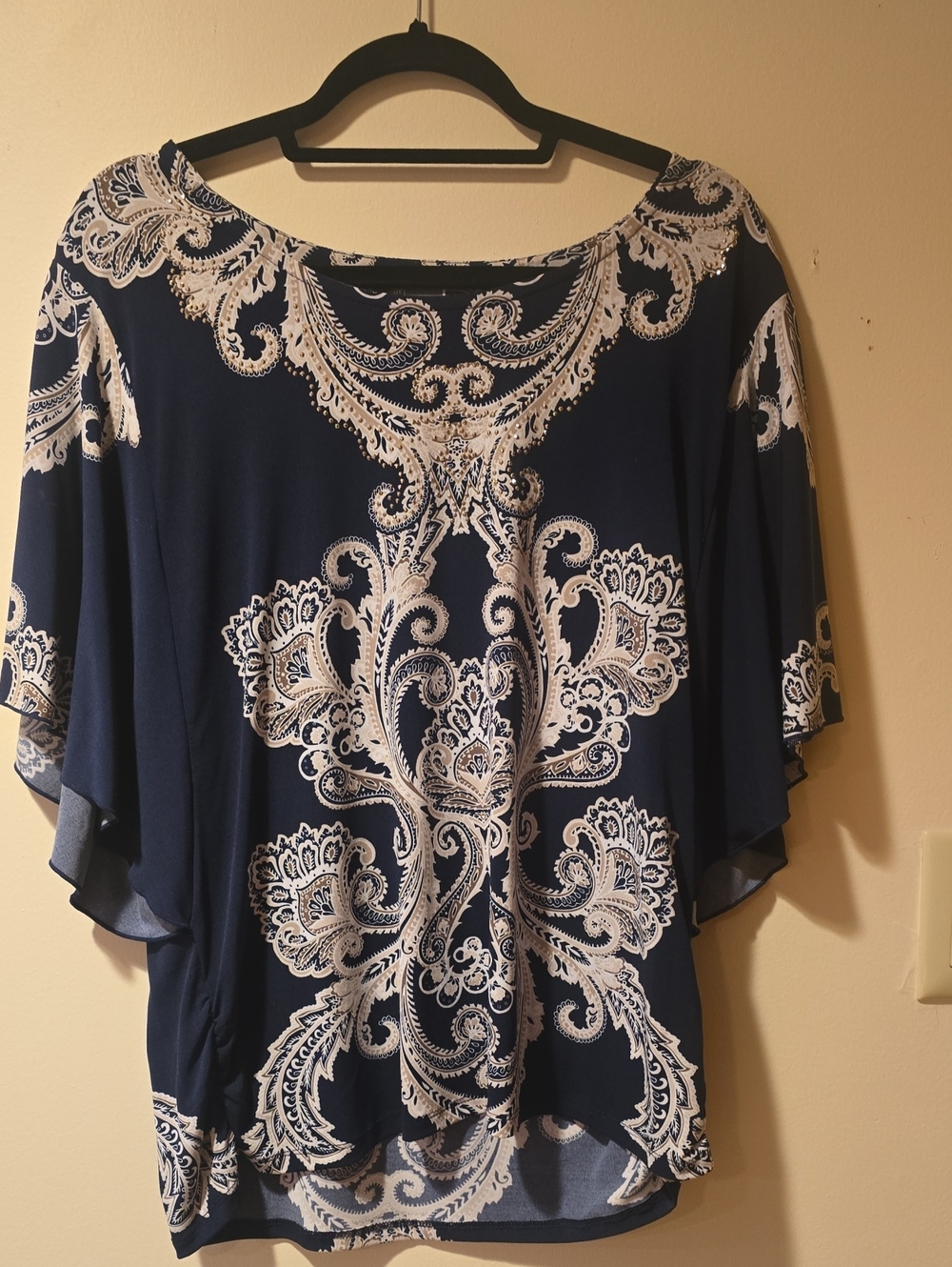 JM Collection Navy Blue Tunic with White Paisley Print
